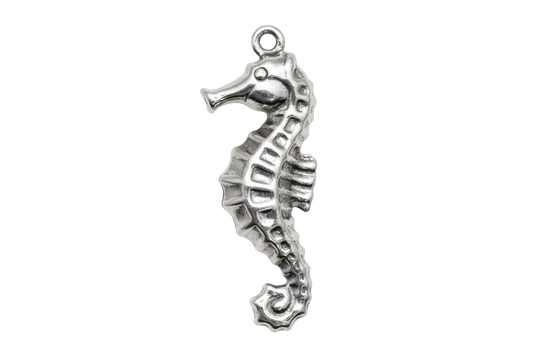 Antiqued silver seahorse charm with curled tail and sculpted ridges