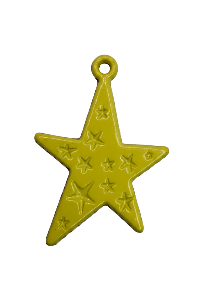 Glossy yellow five-point star pendant with raised star pattern in gold finish