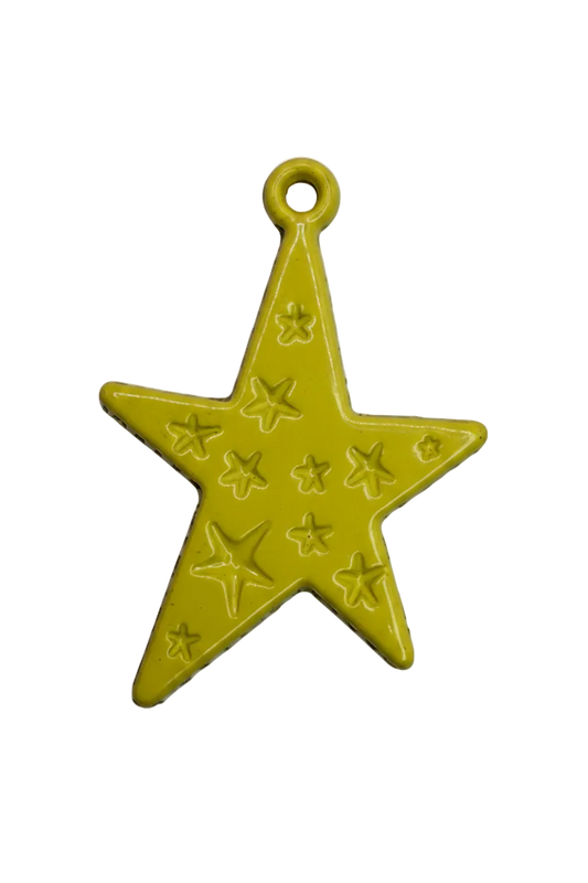 Glossy yellow five-point star pendant with raised star pattern in gold finish