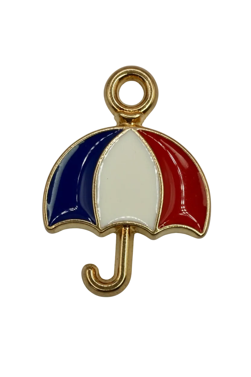 Gold-tone umbrella charm with glossy navy, white, and red enamel color blocks