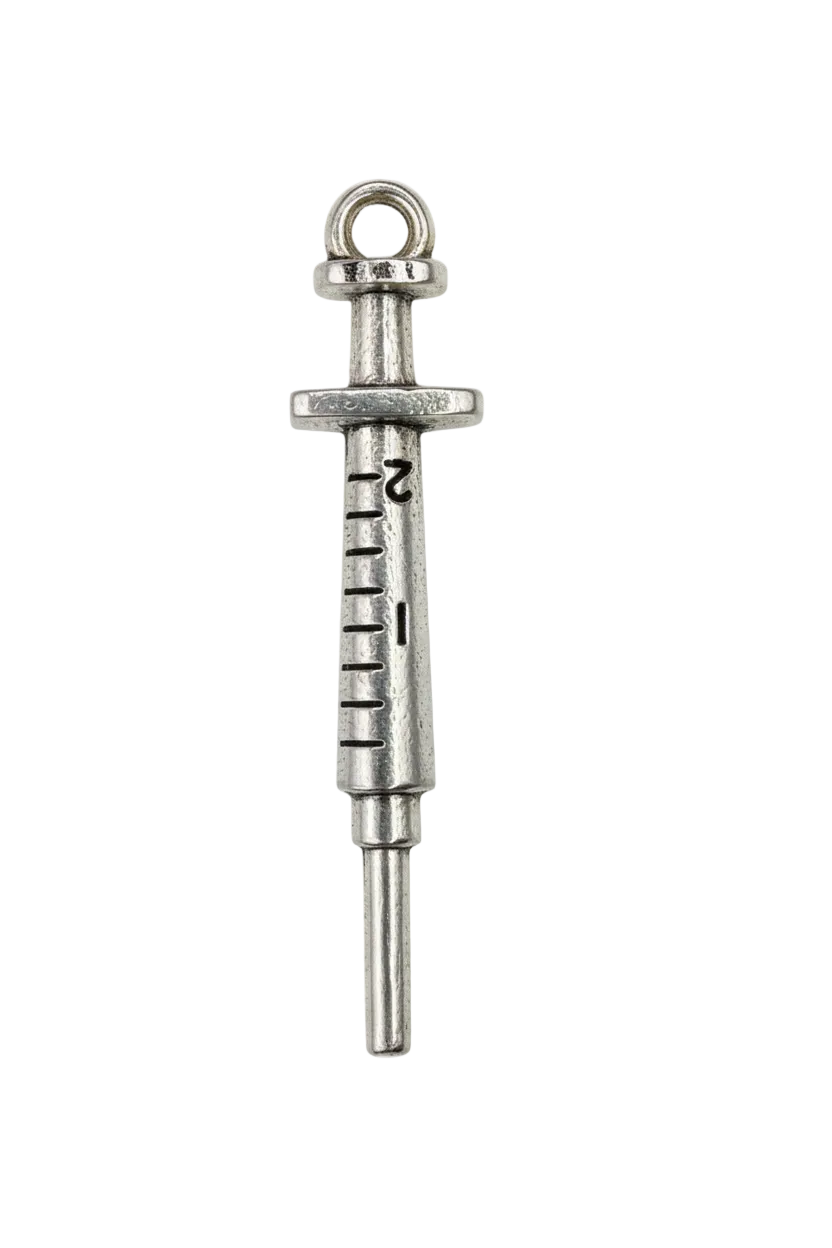 Antiqued silver syringe charm with engraved measurement marks
