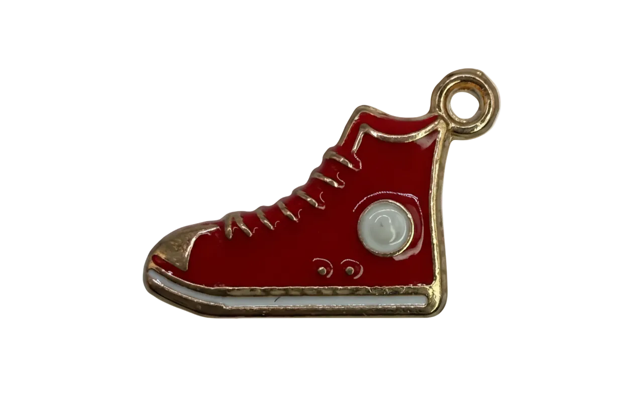Glossy red high-top sneaker charm with gold outline and white details