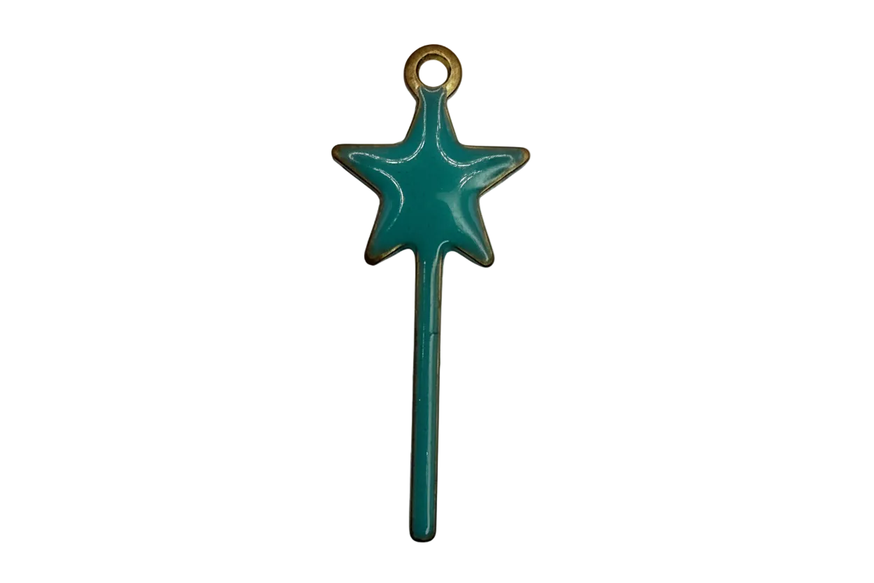 Glossy teal enamel star wand with gold edging on a black background