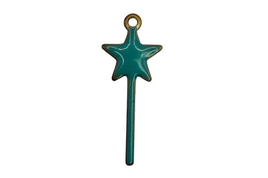 Glossy teal enamel star wand with gold edging on a black background