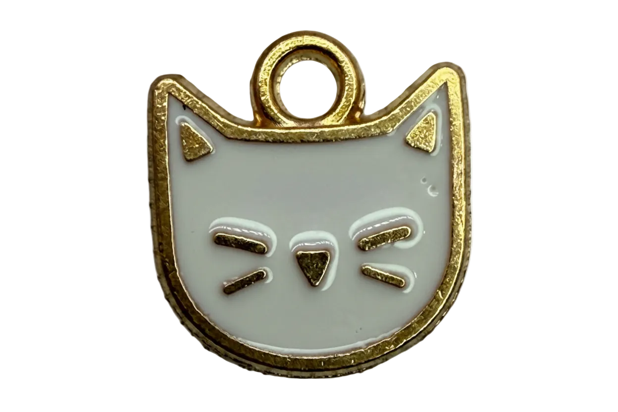 Glossy white enamel cat face icon with gold outline and etched details