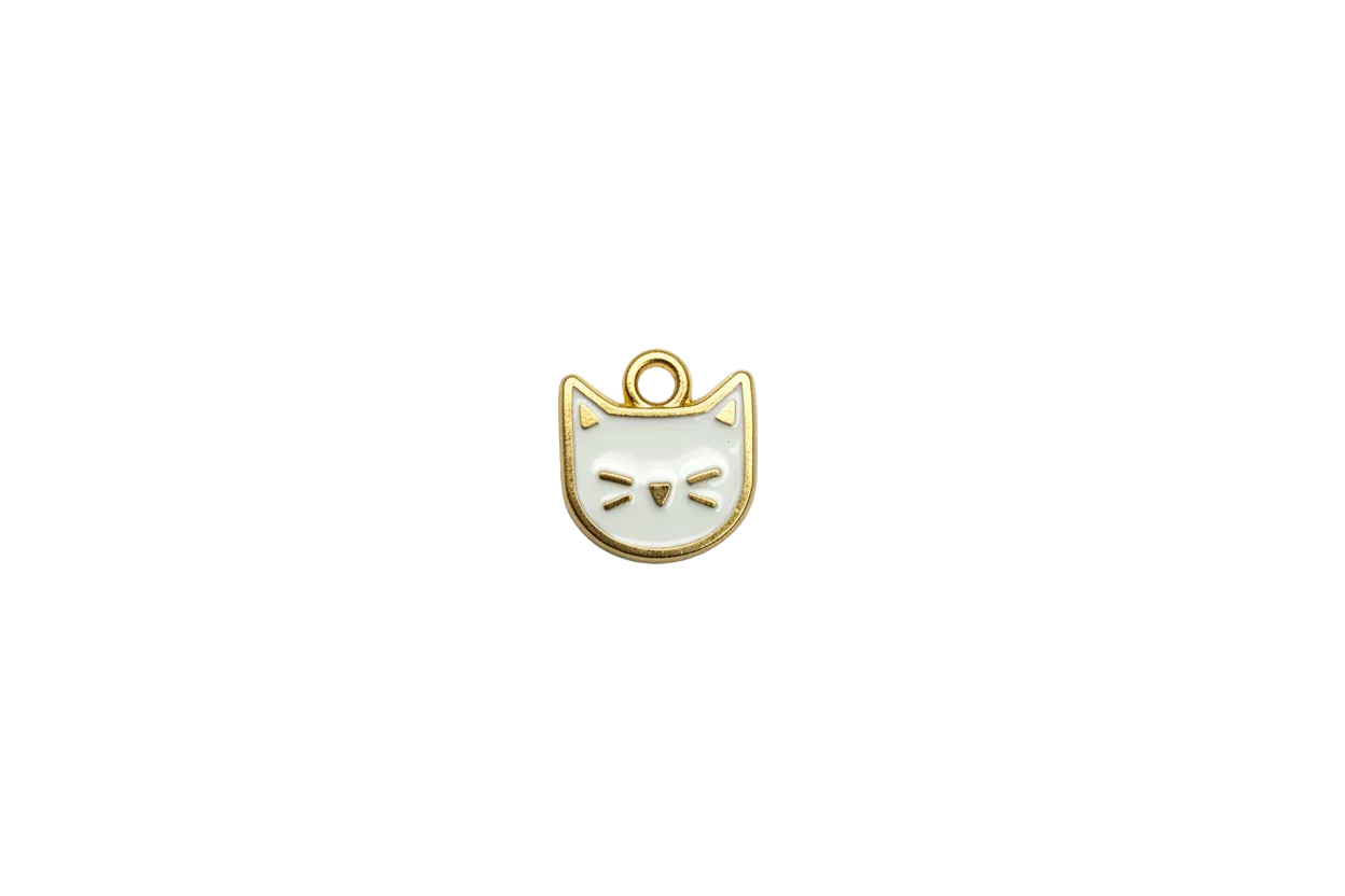 White enamel cat face icon with gold outline