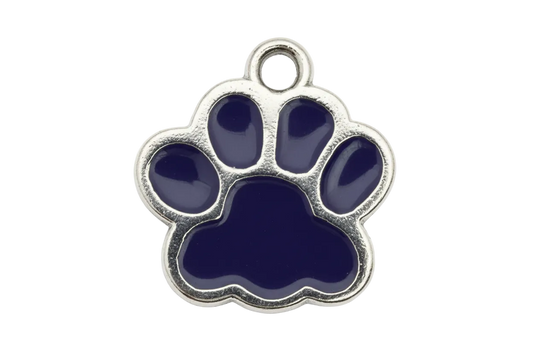 Glossy purple enamel paw print with polished silver-tone outline