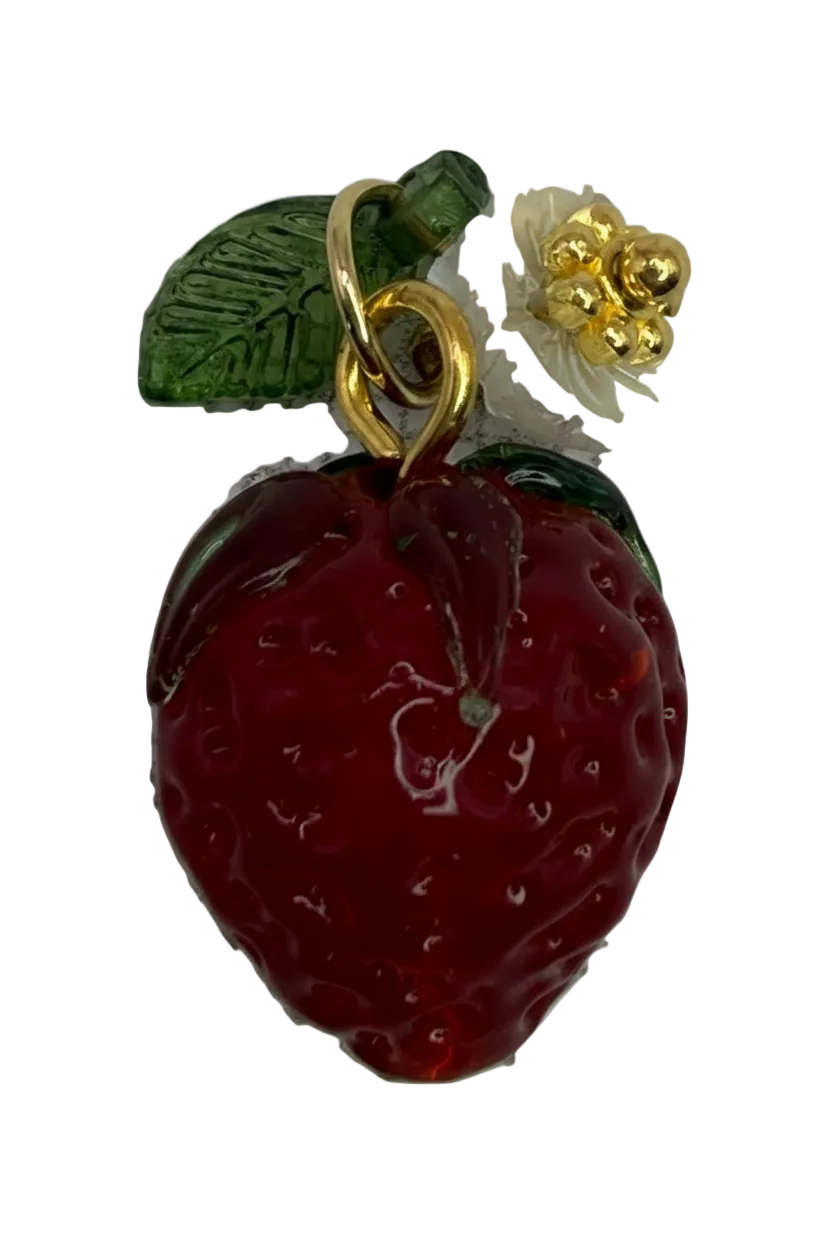 Glossy red strawberry fruit charm with green leaf detail, gold finish, and a tiny clear gem accent
