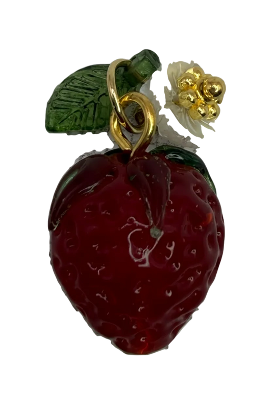 Glossy red strawberry fruit charm with green leaf detail, gold finish, and a tiny clear gem accent