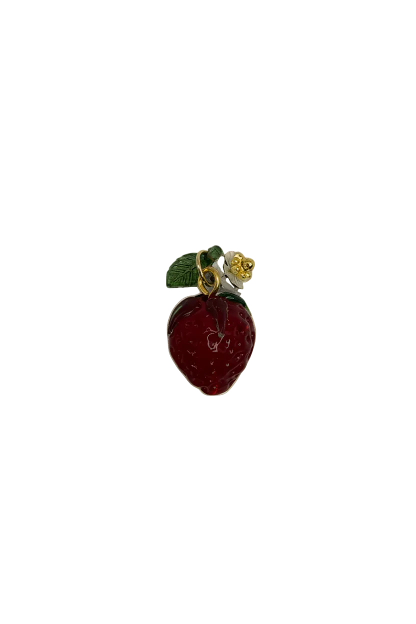 Glossy red strawberry with green leaf and tiny clear gem, gold finish