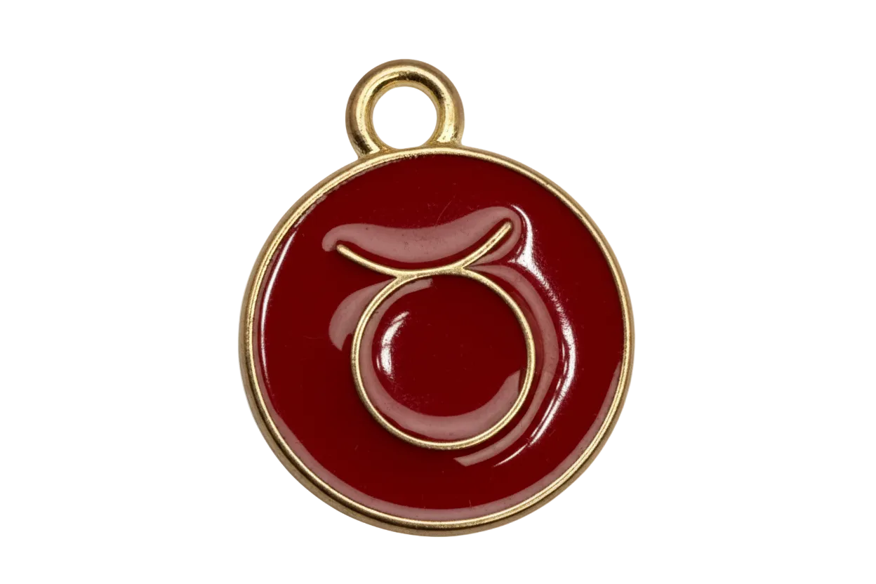 Glossy red round enamel Taurus zodiac medallion with gold outline