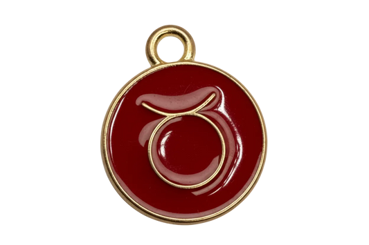 Glossy red round enamel Taurus zodiac medallion with gold outline