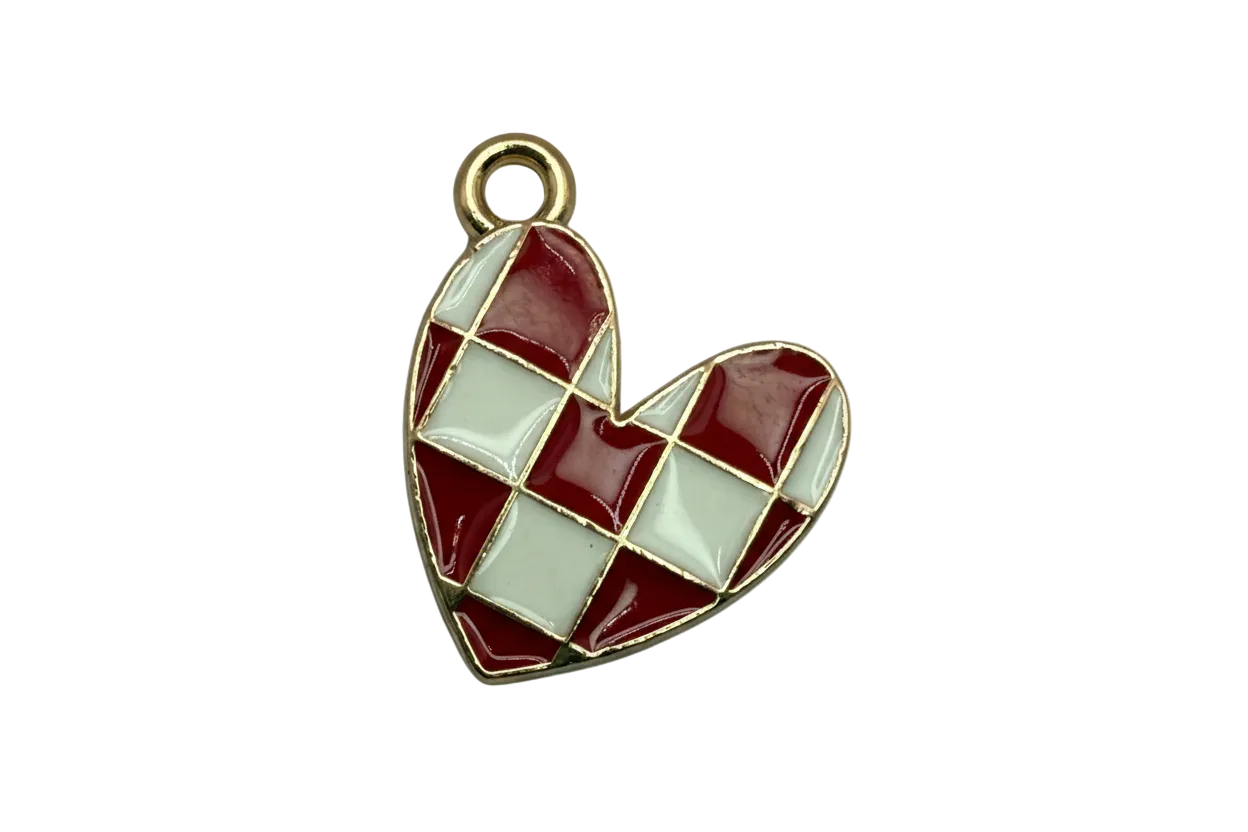 Red and white harlequin enamel heart in gold-tone outline