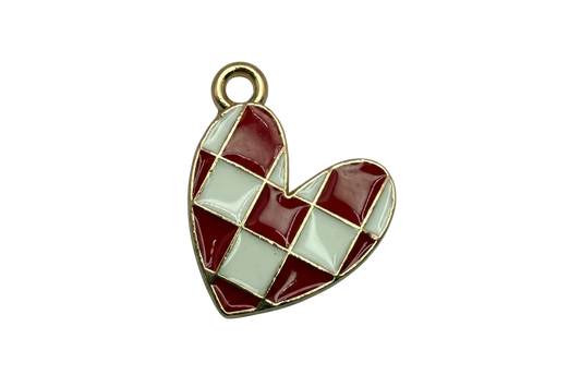 Red and white harlequin enamel heart in gold-tone outline