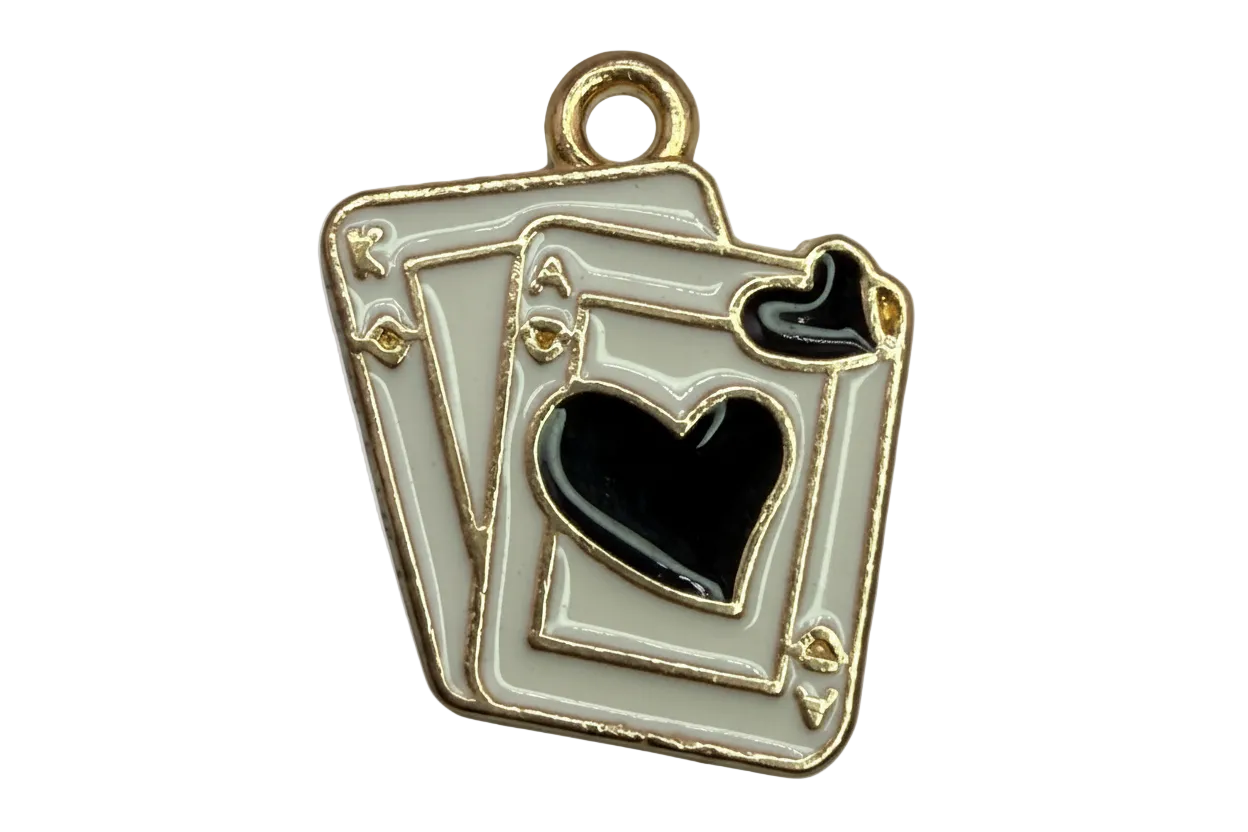 Gold-outlined white enamel playing cards with a black heart suit symbol