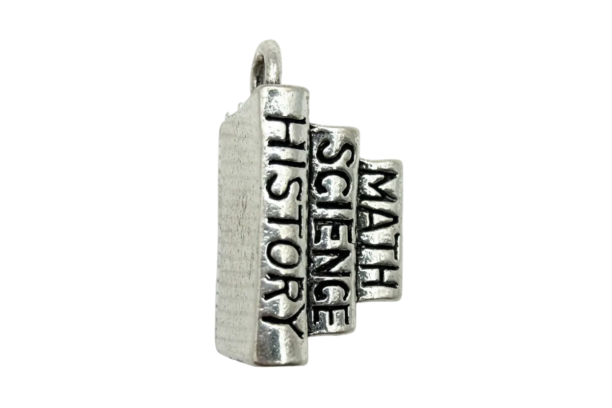 Antiqued silver stacked book charm with raised text reading MATH, SCIENCE, and HISTORY