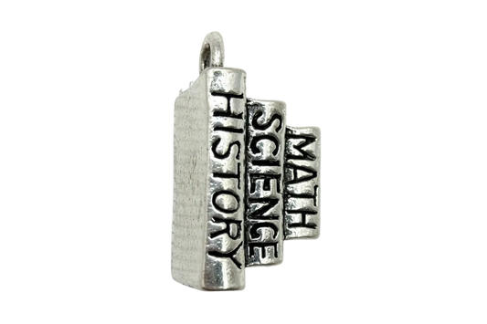 Antiqued silver stacked book charm with raised text reading MATH, SCIENCE, and HISTORY