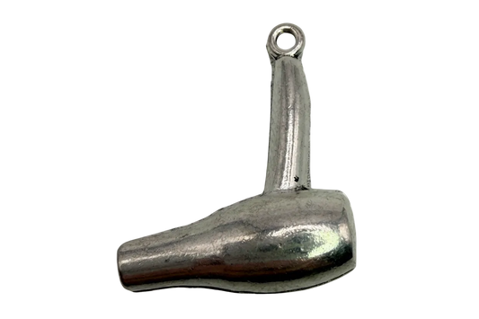 Polished silver hair dryer charm in side profile with smooth sculpted finish