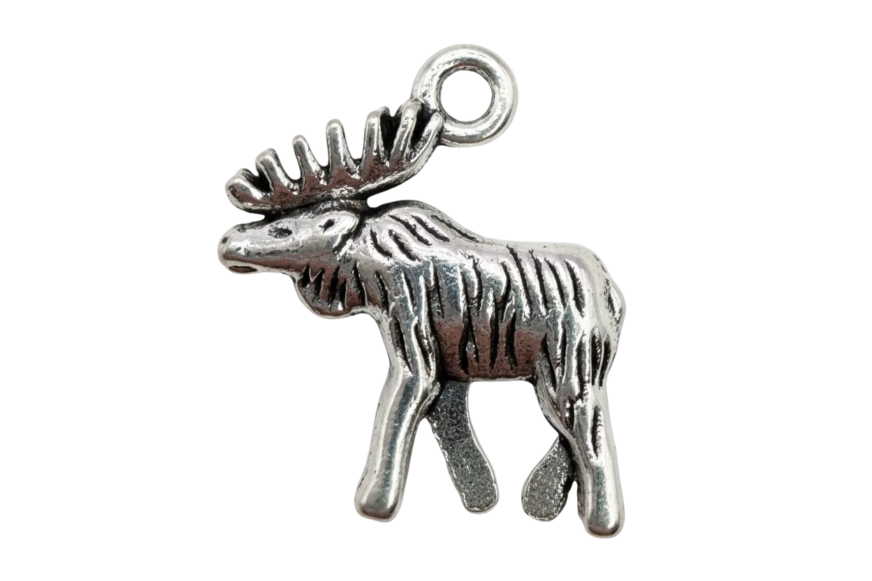 Antiqued silver moose silhouette pendant with textured fur and antlers
