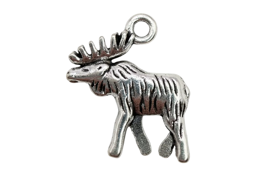 Antiqued silver moose silhouette pendant with textured fur and antlers