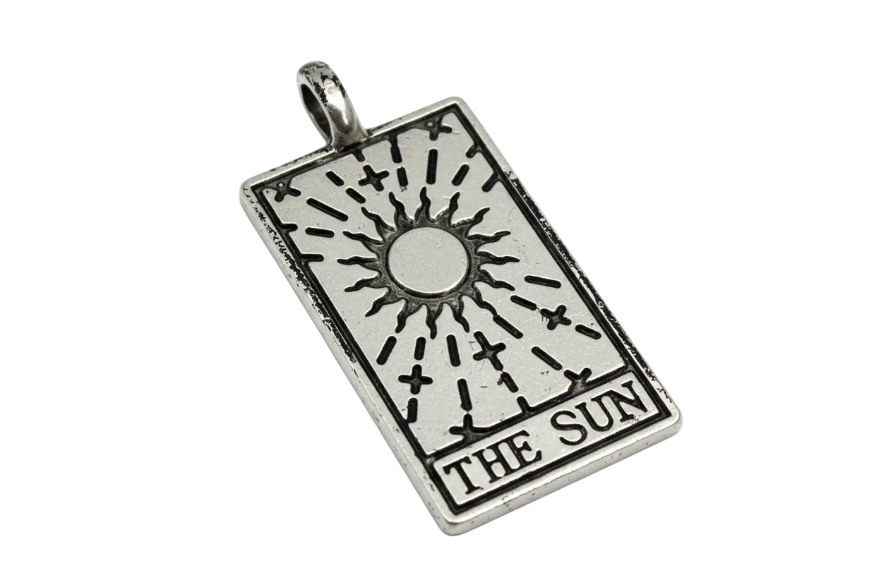 Silver-tone rectangular tarot sun card charm with etched rays and stars, labeled "THE SUN"