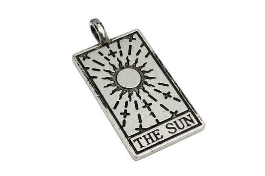 Silver-tone rectangular tarot sun card charm with etched rays and stars, labeled "THE SUN"