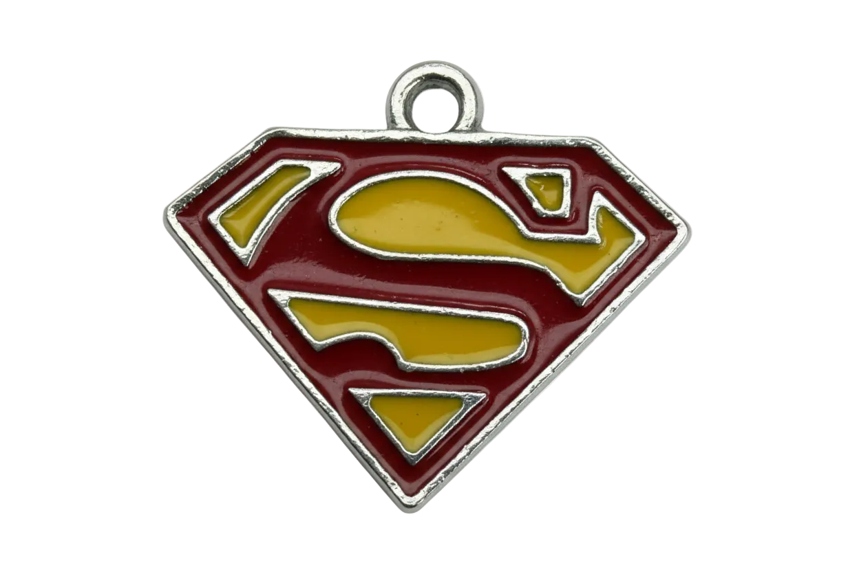 Red and yellow enamel hero shield emblem with silver-tone outline