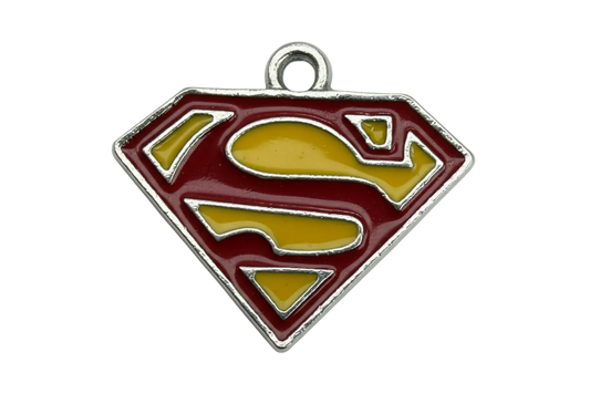 Red and yellow enamel hero shield emblem with silver-tone outline