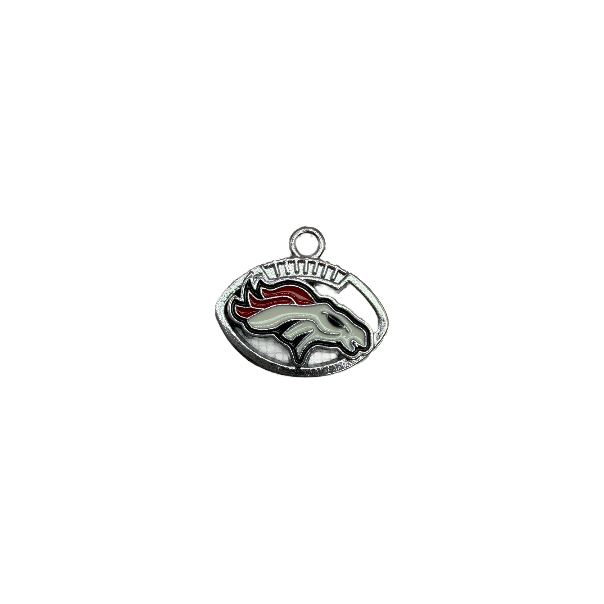 Silver oval enamel horse head emblem with red-orange mane