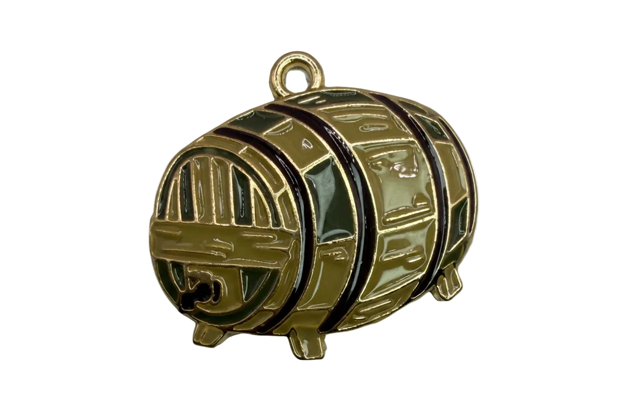 Gold cylindrical robot charm with deep green enamel panels and etched details