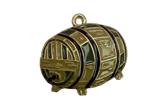 Gold cylindrical robot charm with deep green enamel panels and etched details