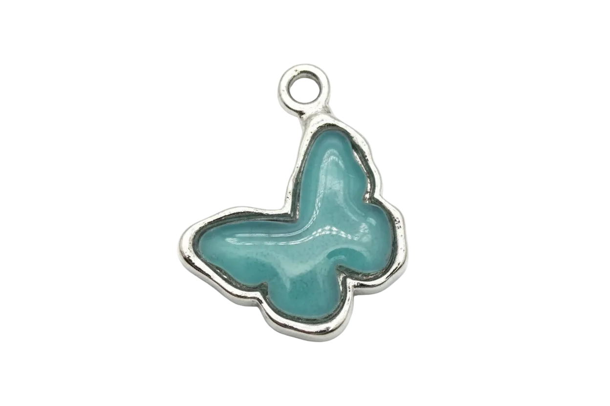 Smoky blue enamel butterfly pendant with a polished silver outline