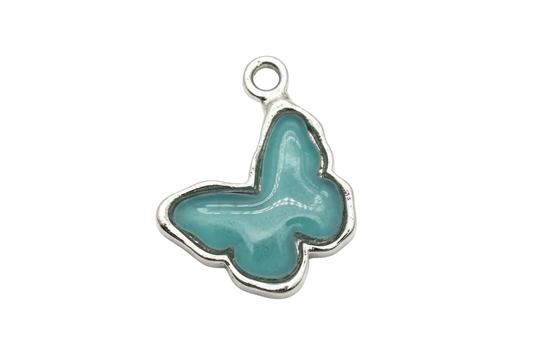 Smoky blue enamel butterfly pendant with a polished silver outline