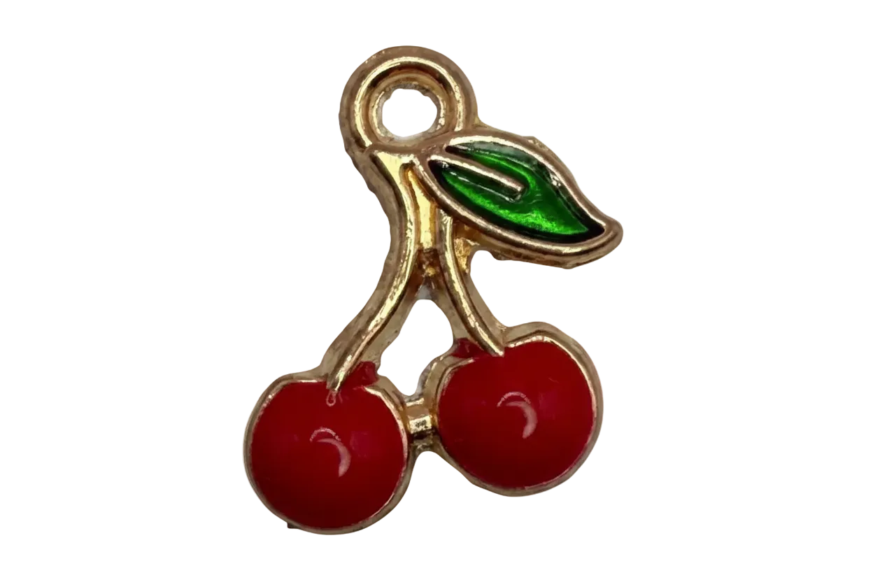 Gold-outlined cherry pair with glossy red enamel fruit and a green leaf