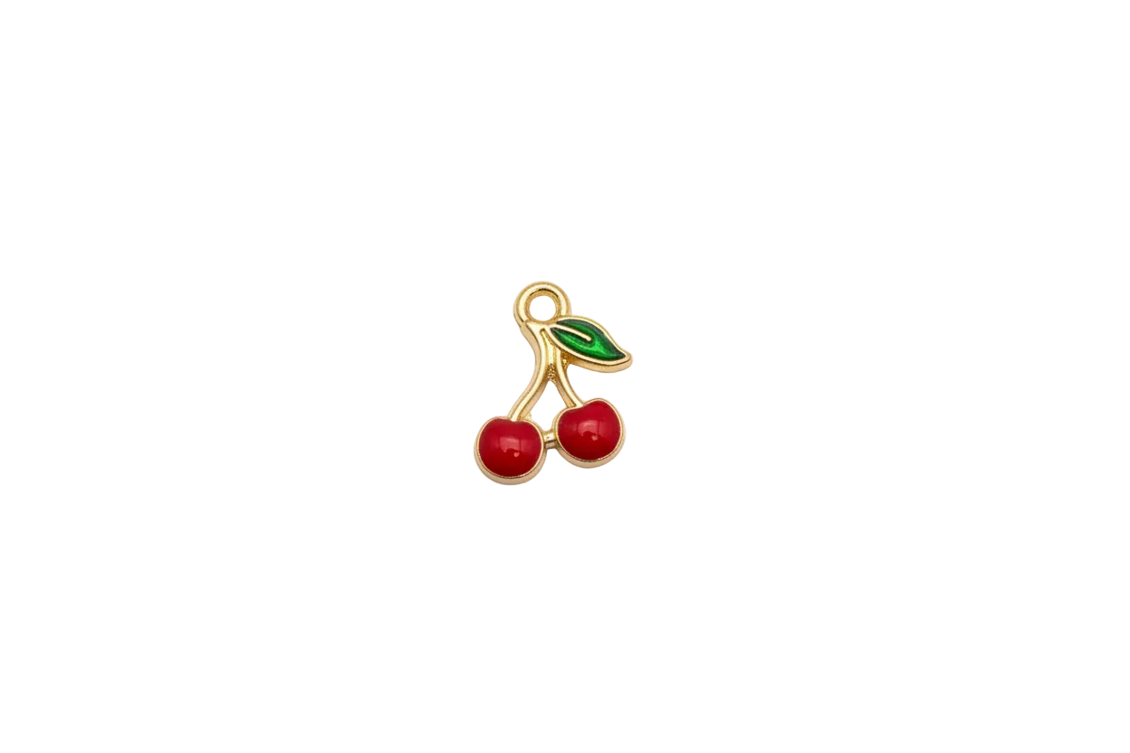 Gold-outlined red cherries with green leaf
