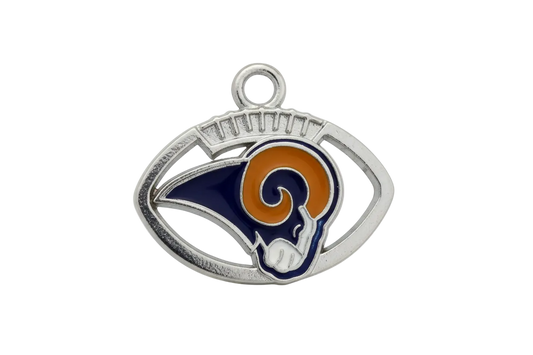 Antique silver football helmet charm with navy enamel and an orange ram horn graphic