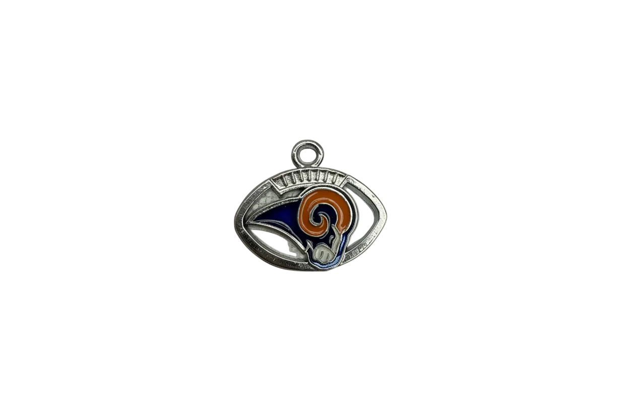 Silver football helmet with navy enamel and orange ram horn