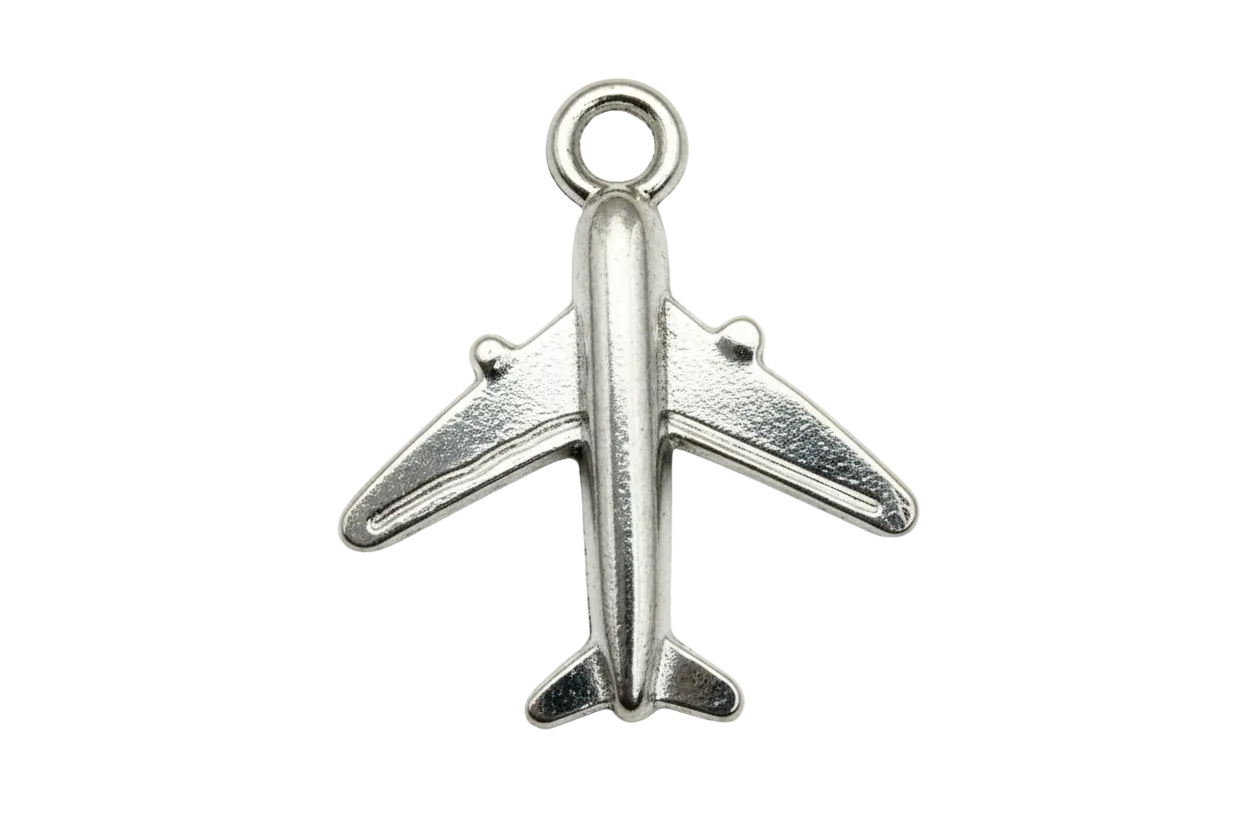 Polished silver airplane silhouette charm with raised wing details