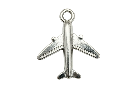 Polished silver airplane silhouette charm with raised wing details