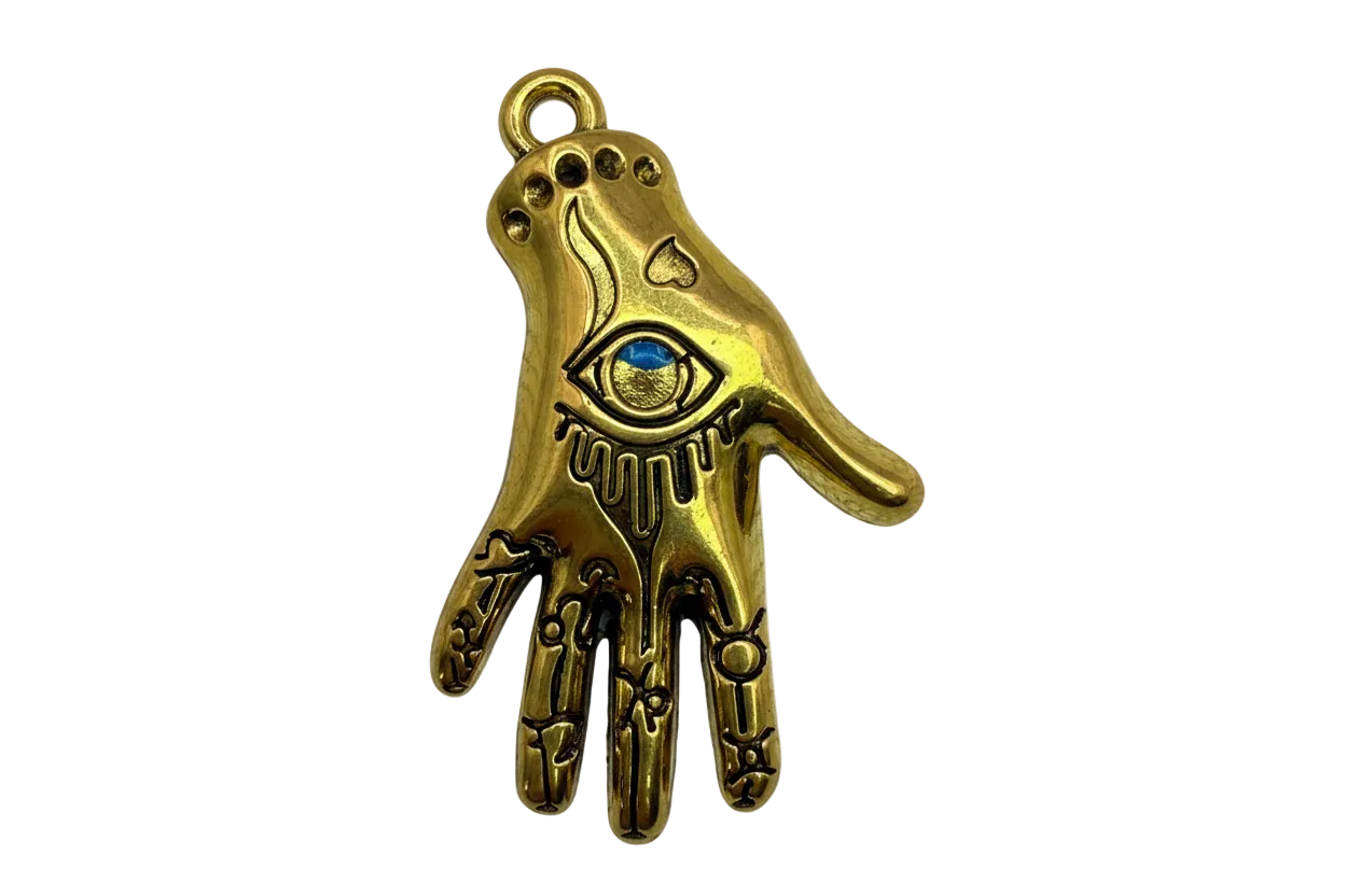 Gold hand with engraved all-seeing eye and antiqued detailing on black background