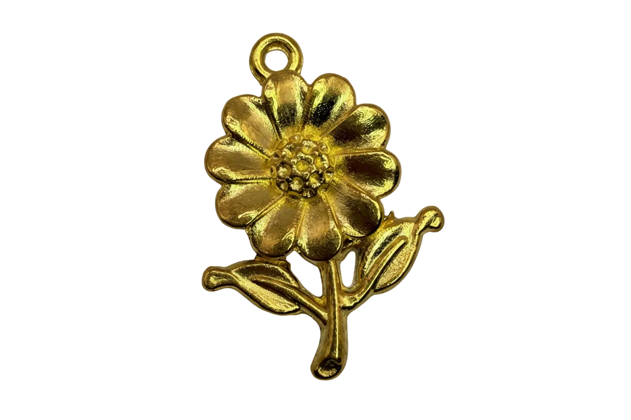 Gold daisy flower charm with textured petals and two leaves