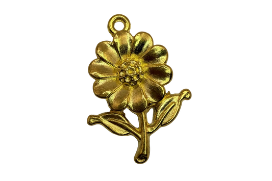 Gold daisy flower charm with textured petals and two leaves