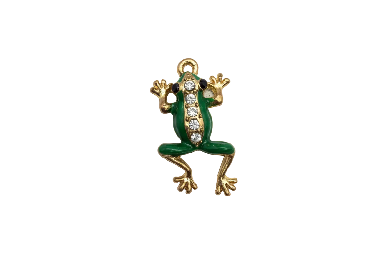 Green enamel frog with gold details and clear crystals
