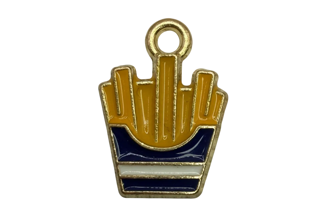 Gold-outlined enamel French fries with yellow fries and a navy-and-white striped carton