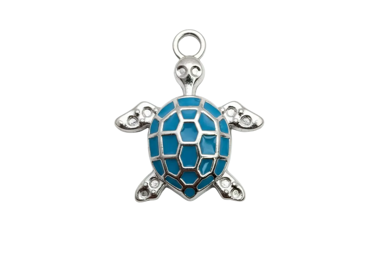 Silver sea turtle charm with glossy blue inlay shell on black background