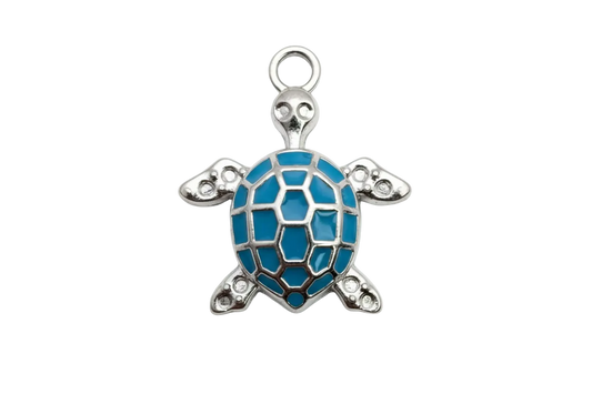 Silver sea turtle charm with glossy blue inlay shell on black background