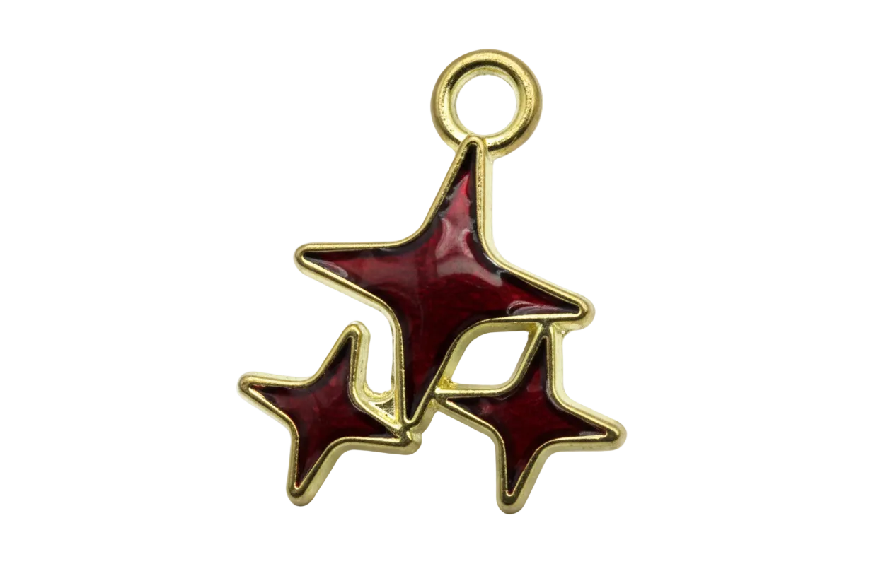 Gold-outlined trio of crimson enamel stars charm with glossy finish