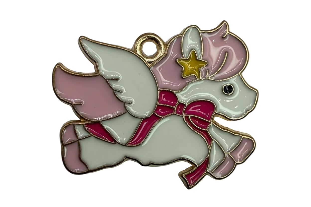 Pastel winged unicorn with pink mane, magenta ribbon, and gold outline enamel detail