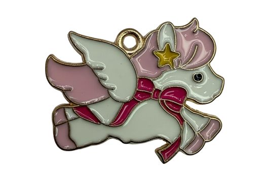 Pastel winged unicorn with pink mane, magenta ribbon, and gold outline enamel detail