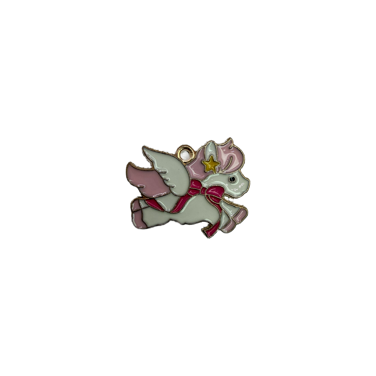 Pastel winged unicorn with pink mane and magenta ribbon, gold outline